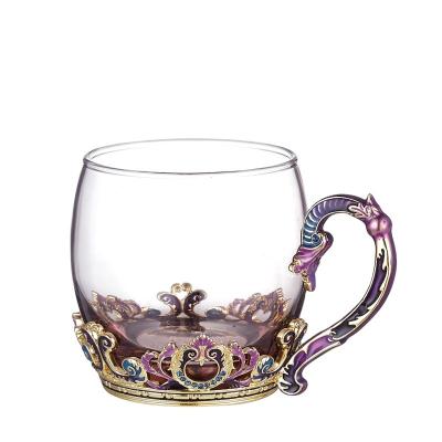 China Wholesale NOSHMAN Hot Selling European Style Gift Stocked Mug Set Clear Enamel Flower Metal Handle Tea Coffee Glass Mug for sale