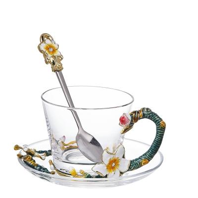 China NOSHMAN Color Flower Viable Hot Selling Handmade Cup With Delicate Spoon Gift Box For Lady Enamel Glass Coffee Cup And Saucer Set for sale