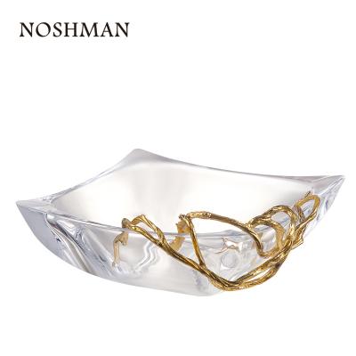 China NOSHMAN Wedding Anniversary Gift Craft Metal Flower Stocked Luxury Fruit Bowl placa de vidrio Tray Enamel Crystal Glass Plate for sale