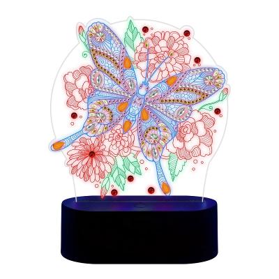 China Colorful Creative 3D Acrylic Diamond Painting Table Lamp LED Cartoon Butterfly Flowers Diy Night Light for sale