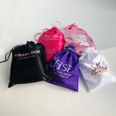 China Promotion luxury high quality soft fabric shiny stain silk packaging bag with drawstring for hair with logo for sale