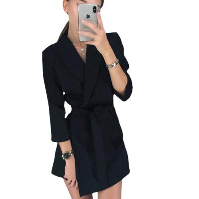 China 2022 New Breathable Spring Three Quarter Sleeve Solid Color Lapel Fashion Belt Temperament Stripe Office Short Dress for sale