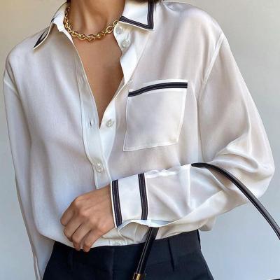 China Spring QUICK DRY Women's Blouse 2022 Patchwork Color Chiffon Shirt Design Casual Female Elegant Blouses for sale