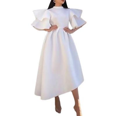 China 2022 Summer Double Layer Ruffle Sleeve Party Dresses Solid Color Swing Dress Breathable Elegant Casual Wear for sale