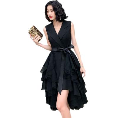 China 2022 Summer New Color Women's Dinner Dress Breathable V-Neck Lace Up Pleated Skirt Elegant Women's Sleeveless Dress for sale