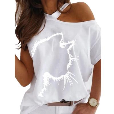 China 2021 New QUICK DRY Women's Wear Home Letter Printing Solid Color Casual Short Women's T-shirt Sling Neck Fashion Sleeve T-Shirt for sale