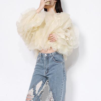 China QUICK DRY Women's Clothing Elegant Patchwork Ruffles Loose Chiffon Blouses Women Long Lantern Sleeve Shirt Female for sale