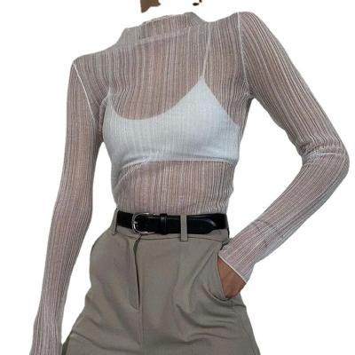 China 2022 Stylish QUICK DRY Fashion Streetwear Sexy T-shirts See Through Long Sleeve Mock Neck Women Tops for sale