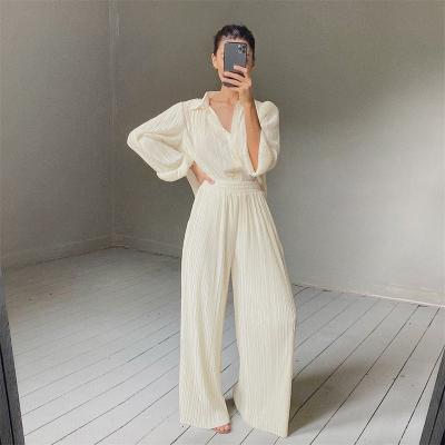 China Autumn Ladies Blouse High Waist Spring Fashion Casual Wide Leg Pants Women Breathable Pants Set for sale