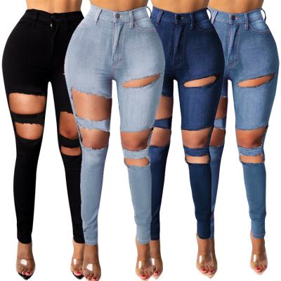 China Breathable Fashion Big Hole Denim Pencil Pants High Waist Slim Fit Jeans for sale