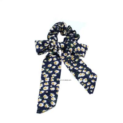 China Fashion Synthetic Women's Hair Accessories [HA1006] High Quality Silk Scrunchies Daisy Flower Print Bow Knot Large Size Silky Hair Accessories. for sale