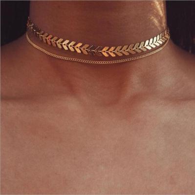 China TRENDY Arrow Fashion Multi Necklace For Women Two Layers Necklaces Gold Color Flat Fishbone Necklace for sale