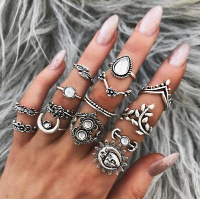 China 14PCS/Set BOHEMIA Fashion Boho Moon Sun Knuckle Flower Opal Finger Ring Set Leaf Midi Women's Rings for sale