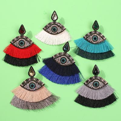 China BOHEMIA Bohemia Custom CZ Silk Blend Dangle Blue Eviling Eyes Triangle Tassel Earrings for sale