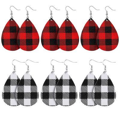 China Scottish BOHEMIA Style Holiday Christmas Teardrop Shape Red Buffalo Plaid Faux Leather Drop Earrings For Women for sale