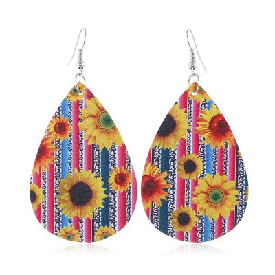 China BOHEMIA Jewelry Accessories Orange Floral Sunflower Printed Teardrop Faux Leather Stud Earrings For Women for sale