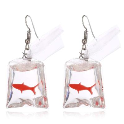 China Cute Unique Statement Design Funny Goldfish Fish In Bag Drop Dangle Acrylic Resin Earrings for sale