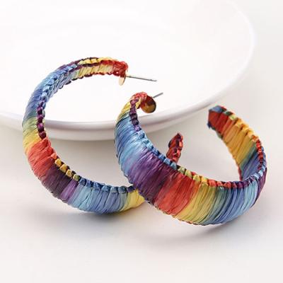 China BOHEMIA Bohemian Multicolor Rainbow Geometric Circle Round Crochet Straw Raffia Hoop Rattan Earrings for sale