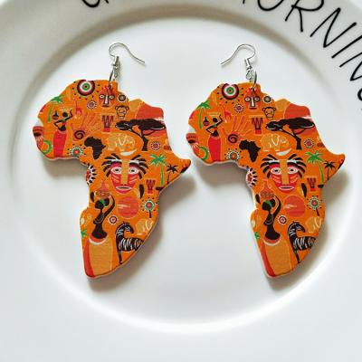 China Afro Jewelry Ethnic Tribal African Map Print Ethnic Vintage Wooden Drop Earrings For Women for sale