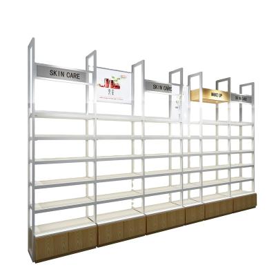 China Customized Single Sided Skin Care Products Display Rack With Lamp /Miniso Wooden Supermarket Shelves Show Retail Display Rack for sale