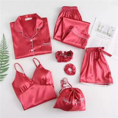 China China QUICK DRY wholesale high quality fat girls long sleeve satin silk pajamas set 7pcs plus women sleepwear set for sale