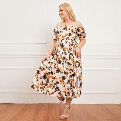 China Yiyuan Anti-Static Summer 2022 New Off Shoulder Print Sleeve Midi Short Women's Plus Size Dresses XL 2xl 3xl 4xl 5xl 6xl 7xl for sale