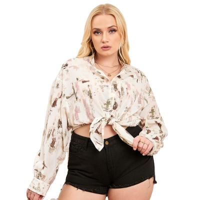 China Yiyuan 2022 Anti-wrinkle New Apricot Long Sleeve Loose Print Plus Size Casual Women's Blouse Full Size XL 2XL 3XL 4XL 5XL 6XL 7XL for sale