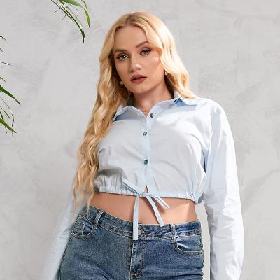 China Yiyuan QUICK DRY 2022 Summer Long Sleeve Shirt Collar Sky Color Strap Belt Blue Crop Tops Plus Size Women's Shirts&Blouse for sale