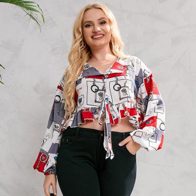 China Yiyuan 2022 QUICK DRY Latern Long Summer Sheath Shirt Collar Printed Strap Belt Crop Top Plus Size Women's Shirts&Blouse for sale