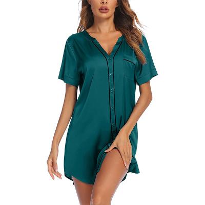 China QUICK DRY Women's Silk Satin Nightgowns Button Down Sexy Sleepshirt Short Sleeve Nightgown V-Neck Friend Sleepwear for sale