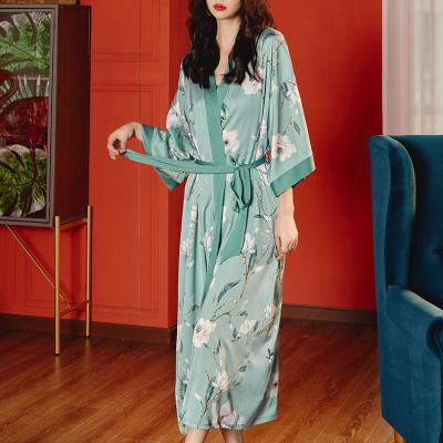 China 2022 breathable new arrive summer ice silk polyester satin robe kimono sleep and lounge robe for sale