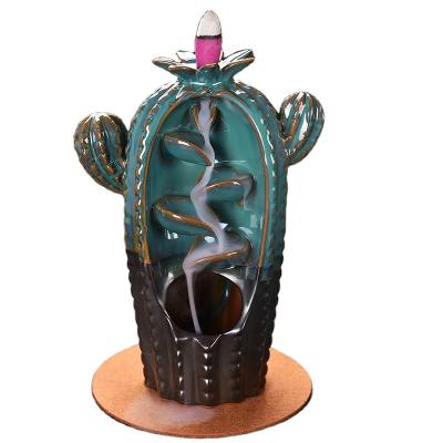 China Chinese Incense Amazon Hot Sales Cactus Shaped Indoor Waterfall Backflow Censer Handmade Ceramic Incense Holder for sale