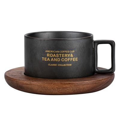 China Fashion American Vintage Direct Coffee Mug Factory Direct Stocked Ceramic Mug With Wooden Dish Set for sale