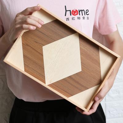 China Nordic Style Contrast Color Casual Creative Wooden Pallet Factory Direct Supply Dish With Handle Wooden Tea Tray Wood Baking Plate for sale