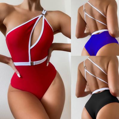 China Wholesale Breathable Women's Swimwear Contrast Solid Color Monokini Swimwear One Piece Cut Strap for sale