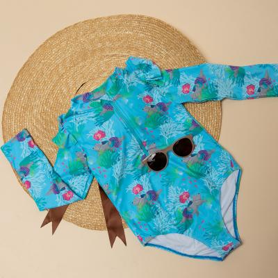 China New Children Girls Swimwear Cute Print Breathable One-Piece Long Sleeve Ultraviolet-proof Child Swimsuit for sale