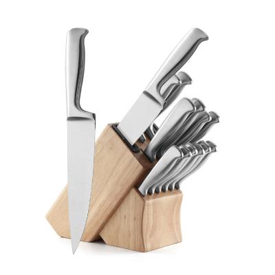 China 13 Piece 3CR13 Stainless Steel Handle Disposable Hollow Kitchen Knife Set With Rubber Wood Block Set for sale