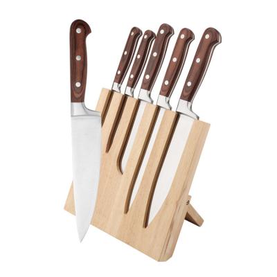 China Disposable Pakka Wood Handle 6 Piece Cutlery Knife Set With Rubber Wood Holder for sale