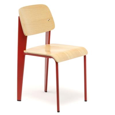 China Stackable Metal Leg Restaurant Furniture Industrial Vintage Red Plywood Dining Chair Beige for sale