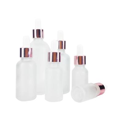 China 5ml Cosmetic 15ml 20ml 30ml 50ml 100ml Frosted Glass Eye Dropper Bottle With Rose Gold Color Cap For Essence Oil Packaging for sale