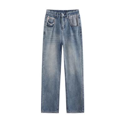 China New Fashion Low Waist QUICK DRY Integral Loose Hairline Decorated Pockets Wide Leg Light Blue Jeans for sale