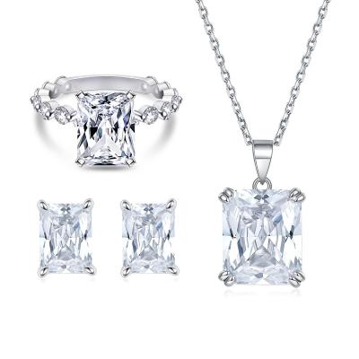 China Custom Luxury Silver Plated 925 White Gold Jewelry Set High Quality Square 5A Zircon Ladies Jewelry Set Wedding for sale