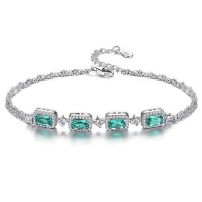 China Luxury CLASSIC Ladies Jewelry 925 Silver Chain Women Crystal Emerald Gemstone Baguette Bracelets For for sale