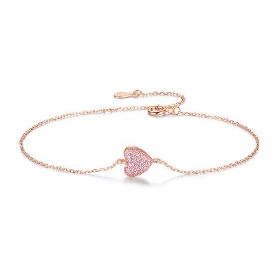 China CLASSIC Minimalist 925 Silver Jewelry Rose Gold Plated Pink Zircon Heart Bracelet For Women for sale