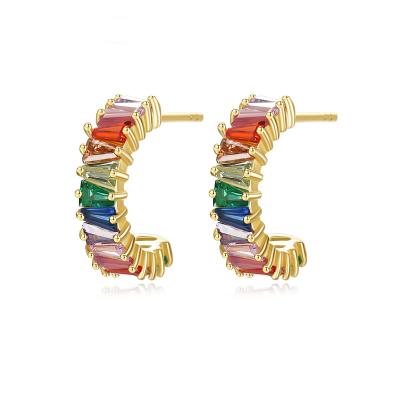 China Vintage 925 Sterling Silver Jewelry Gold Plated Geometric Half Round Colorful Zircon Stud Earrings For Women for sale