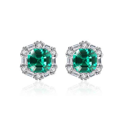 China Vintage Haute Couture 925 White Gold Hexagon Silver Green Emerald Zircon Earrings Jewelery For Women for sale