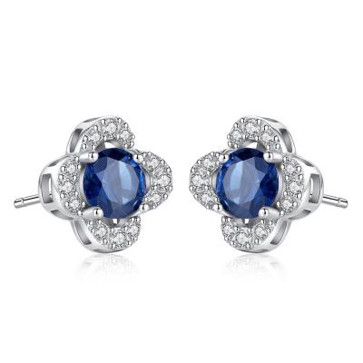 China Vintage Fine Jewelry Fashion 925 Silver White Gold Silver Blue Zircon Four Leaf Clover Flower Stud Earrings For Women for sale