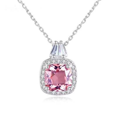 China Vintage Silver Diamond Necklace Jewelry 925 14K Gold Plated Cushion Cut Pink Zircon Stone Necklace for sale