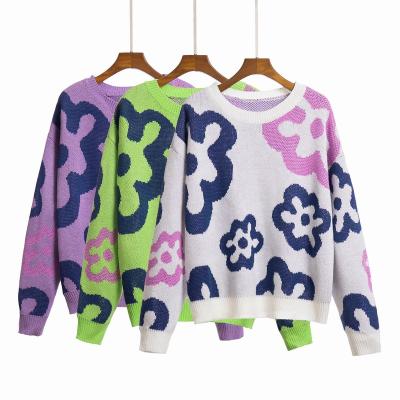 China Anti-wrinkle autumn and winter new flower color drop-shoulder knitted loose sweater women sweaters for sale