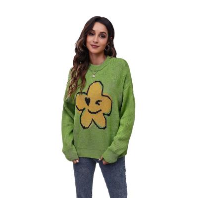 China Anti-wrinkle Autumn/Winter Women's Flower Cartoon Smiley Face Color Matching Drop Shoulder Knitted Loose Green Blue Casual Sweater Sweater for sale